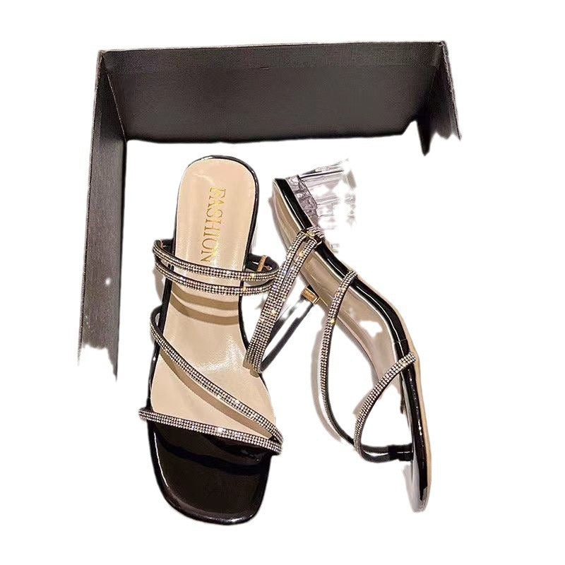 Damen elegante Statement-Sandaletten mit transparentem Blockabsatz und funkelnden Riemchen