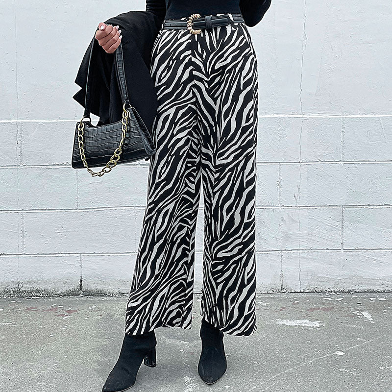 Damen Weite Palazzo-Hose mit Animal-Zebra-Muster, hohem Bund und Gürtelschlaufen Shop Nory