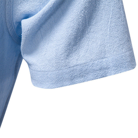 Herren nan lässiges Kurzarmshirt mit Stehkragen, halber Knopfleiste und leicht strukturierter Baumwoll-Leinen-Qualität
