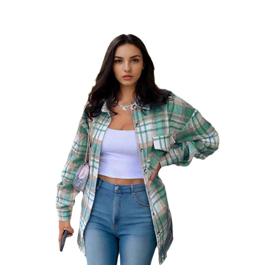 Damen Oversized Karo‑Hemdmantel mit Brusttaschen und durchgehender Knopfleiste Shop Nory