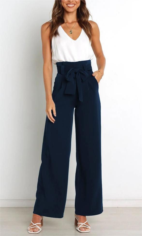 Damen Weit geschnittene High-Waist-Hose mit Binde-Gürtel und Taschen