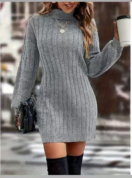 Damen nan figurbetontes geripptes Rollkragen-Strickkleid mit Ballonärmeln Shop Nory
