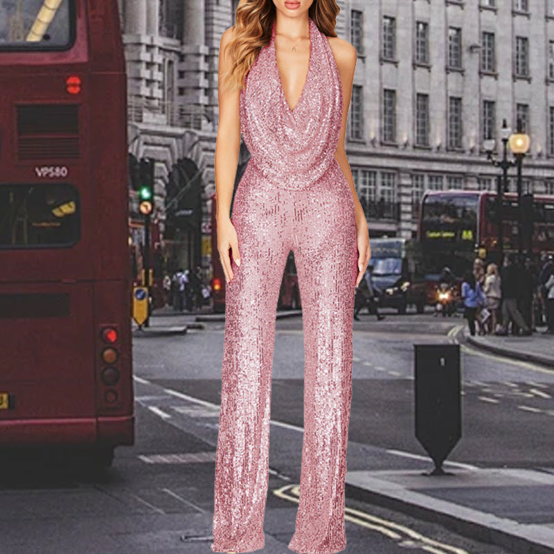 Damen Glitzerndes Jumpsuit mit tiefem V-Ausschnitt und weitem Bein