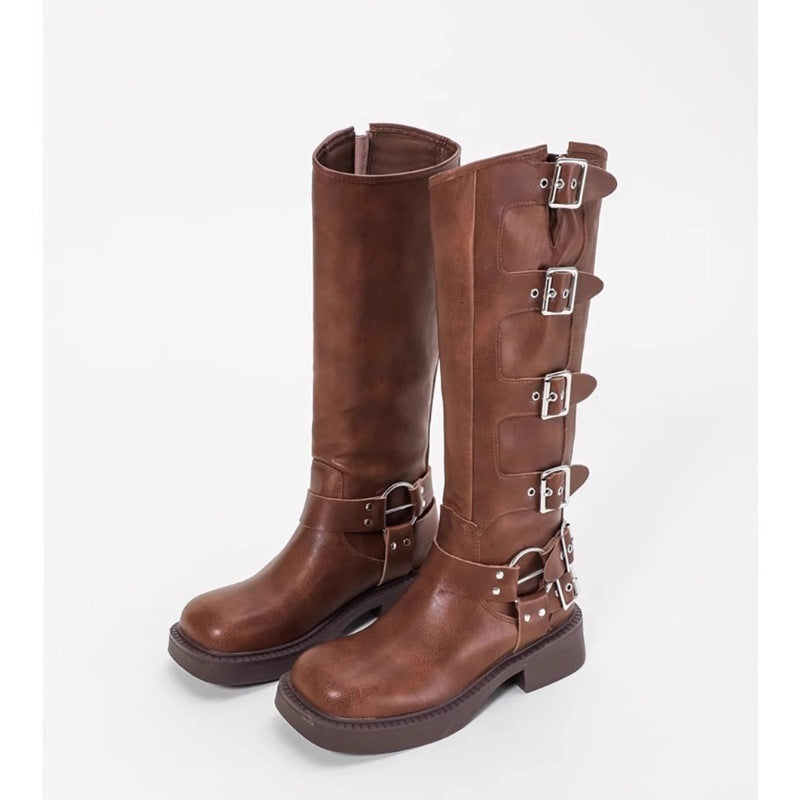 Damen Stiefel mit modischen Schnallen und robustem Blockabsatz