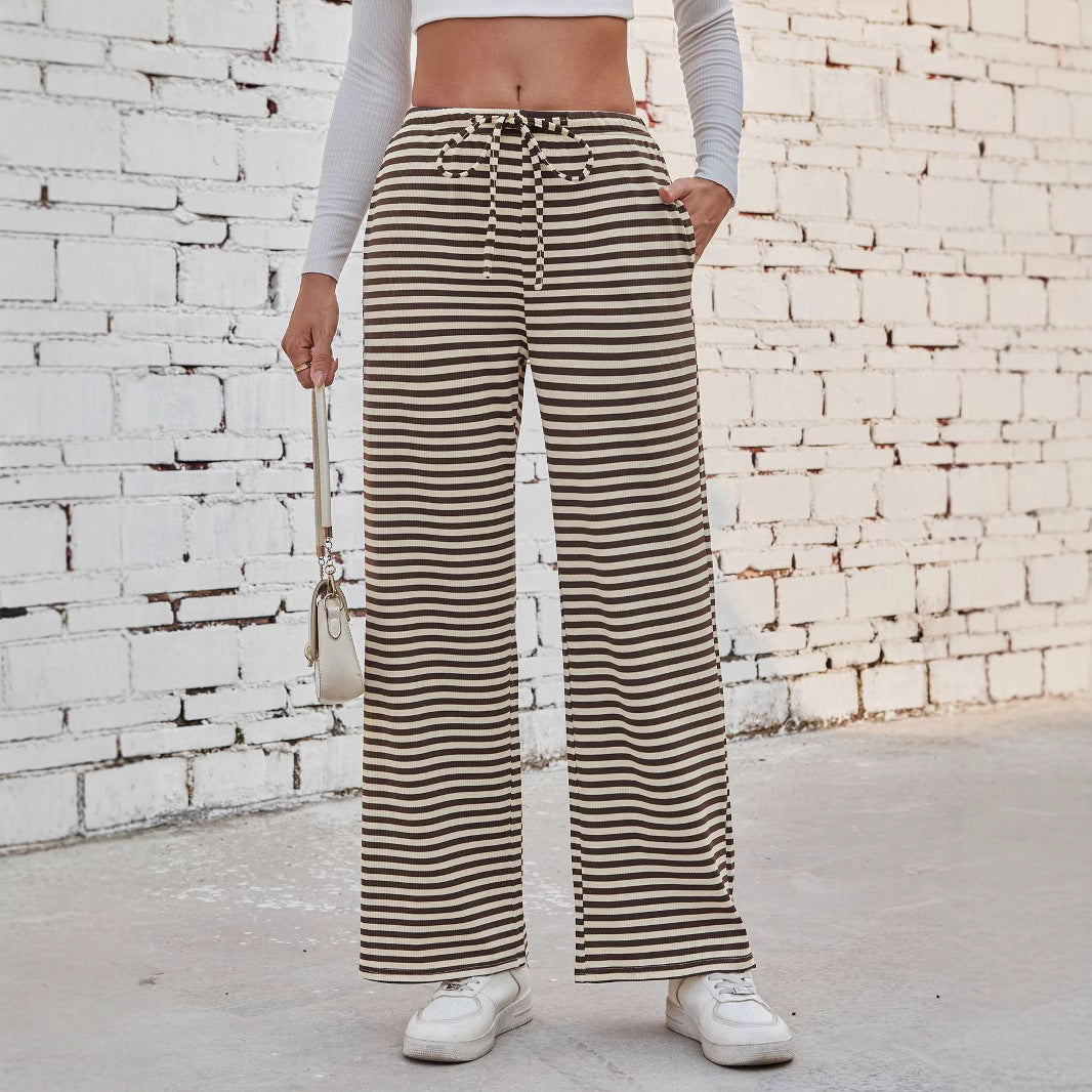Damen weite Streifenhose mit elastischem Bund und Kordelzug