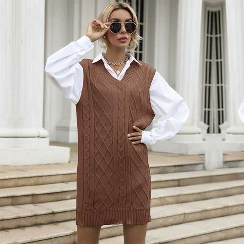 Damen Ärmelloses Zopfmuster-Strickkleid mit V-Ausschnitt und taillierender Silhouette Shop Nory