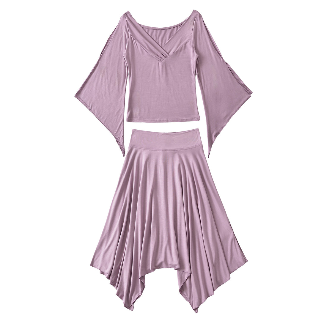 Damen Zweiteiliges Set aus drapiertem Top mit Fledermausärmeln und asymmetrischem Tellerrock Shop Nory