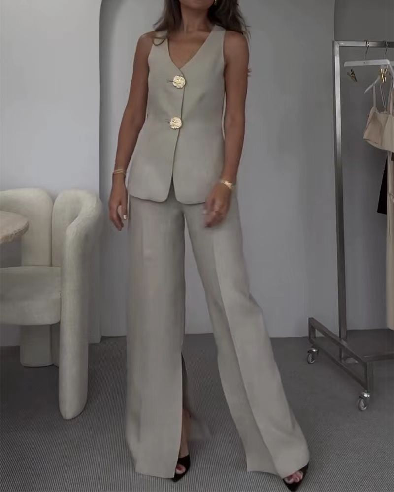 Damen elegantes Hosenanzug-Set mit tailliertem Blazer und weit geschnittenen Hosen
