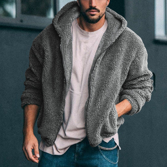 Herren kuschelige Fleecejacke mit großzügiger Kapuze und Reißverschluss