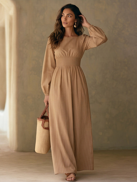 Damen Maxikleid mit Smok-Taillenband, Quadrat-Ausschnitt und langen Ballonärmeln Shop Nory