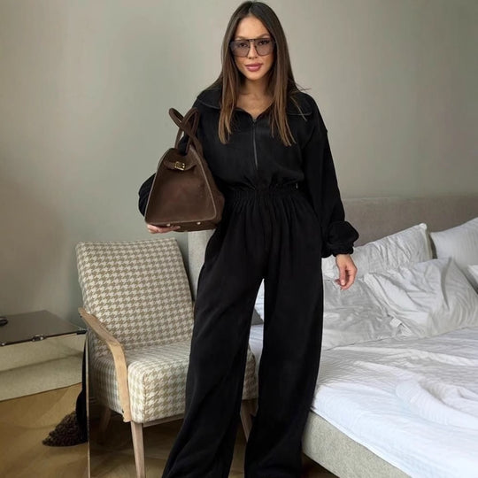 Damen kuscheliger Plüsch-Jumpsuit mit halbem Reißverschluss und elastischer Taille Shop Nory
