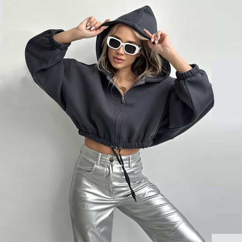 Damen Sportlicher Cropped Hoodie mit Reißverschluss und Kordelzug
