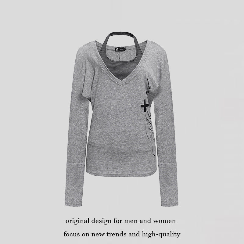 Damen Lagen-Langarmshirt mit tiefem V-Ausschnitt, Neckholder-Innenlayer und seitlichem Script-Print Shop Nory