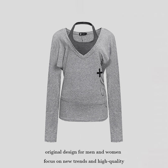 Damen Lagen-Langarmshirt mit tiefem V-Ausschnitt, Neckholder-Innenlayer und seitlichem Script-Print Shop Nory