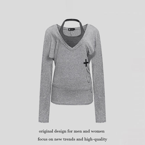 Damen Lagen-Langarmshirt mit tiefem V-Ausschnitt, Neckholder-Innenlayer und seitlichem Script-Print Shop Nory