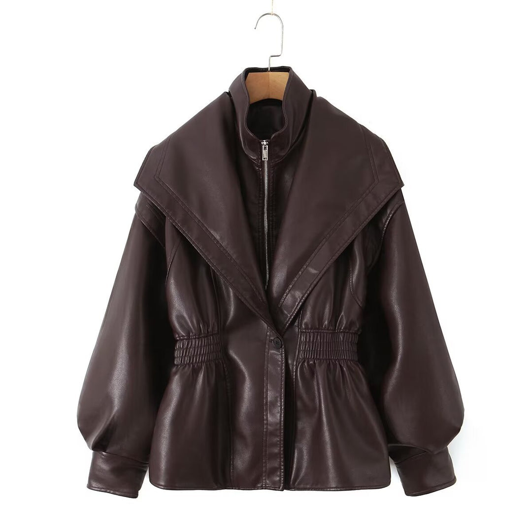 Damen Kunstlederjacke mit XXL-Schalkragen, Taillengummierung und Ballonärmeln Shop Nory