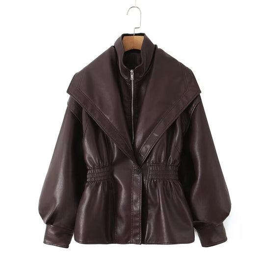 Damen Kunstlederjacke mit XXL-Schalkragen, Taillengummierung und Ballonärmeln Shop Nory