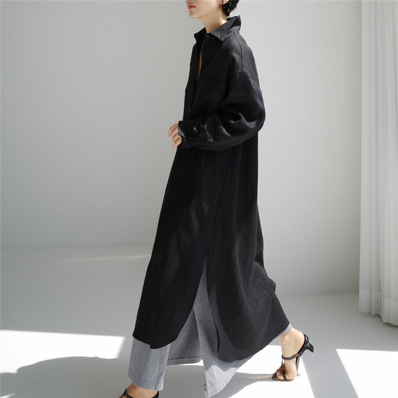 Damen Langes Leichtes Hemdblusen-Midaxi-Kleid mit Kentkragen und hohen Seitenschlitzen Shop Nory