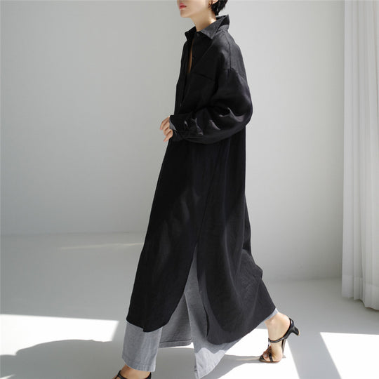 Damen Langes Leichtes Hemdblusen-Midaxi-Kleid mit Kentkragen und hohen Seitenschlitzen Shop Nory