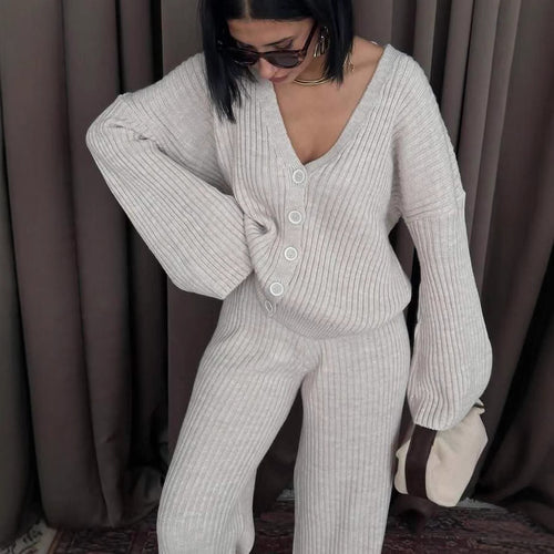 Damen Rippstrick-Cardigan mit überlangen Ärmeln und passender High-Waist-Loungehose Shop Nory