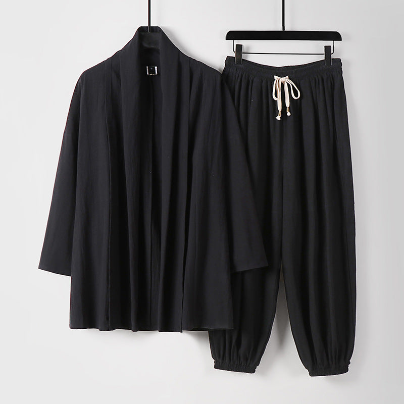 Unisex Entspanntes Kimono-Zweiteiler aus Baumwollmusselin mit Schalkragenjacke und geraffter Knöchelhose Shop Nory