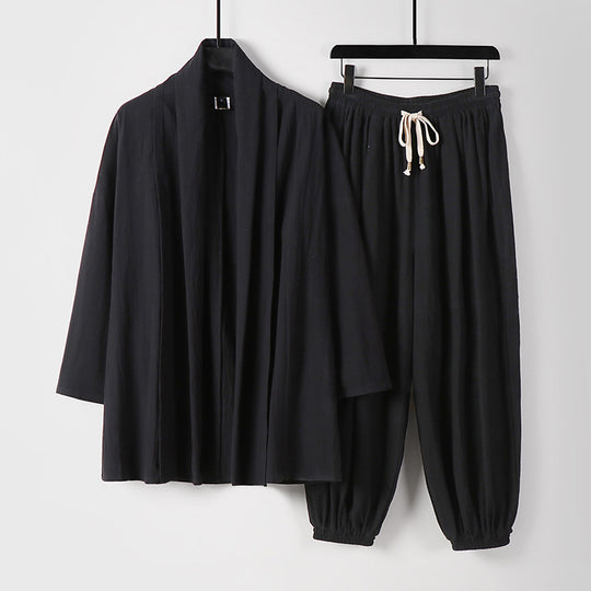 Unisex Entspanntes Kimono-Zweiteiler aus Baumwollmusselin mit Schalkragenjacke und geraffter Knöchelhose Shop Nory