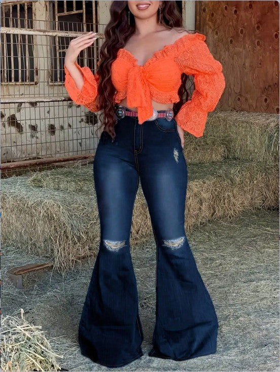 Damen Hochtaillierte Schlaghose-Jeans mit ausgestelltem Bein, Knie-Rissen und figurformendem Stretchbund Shop Nory
