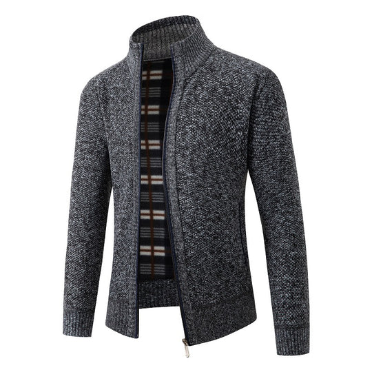Herren Strukturiertes Zip-Strickjacke mit Karo‑Fleece‑Futter und Stehkragen Shop Nory