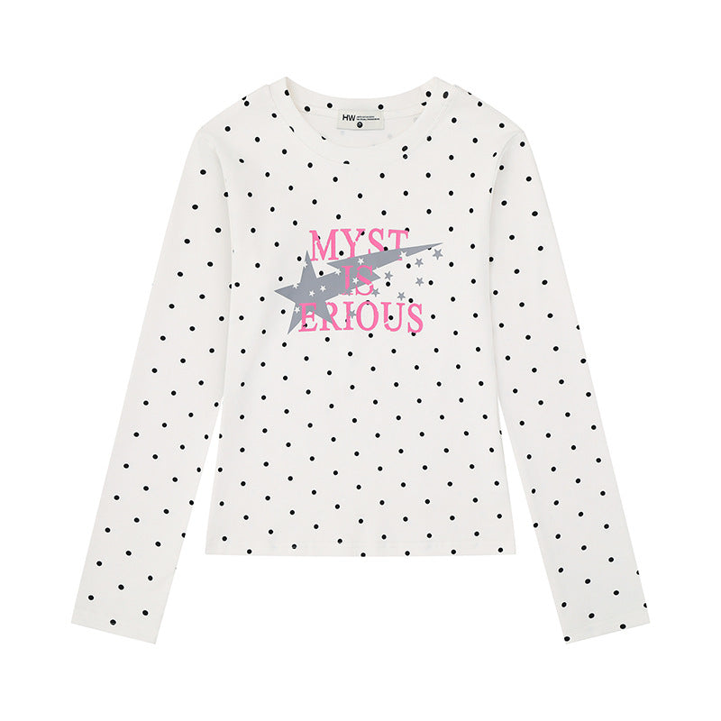Damen Langarmshirt mit V-Ausschnitt, Polka-Dots und Statement-Print aus Baumwolljersey Shop Nory