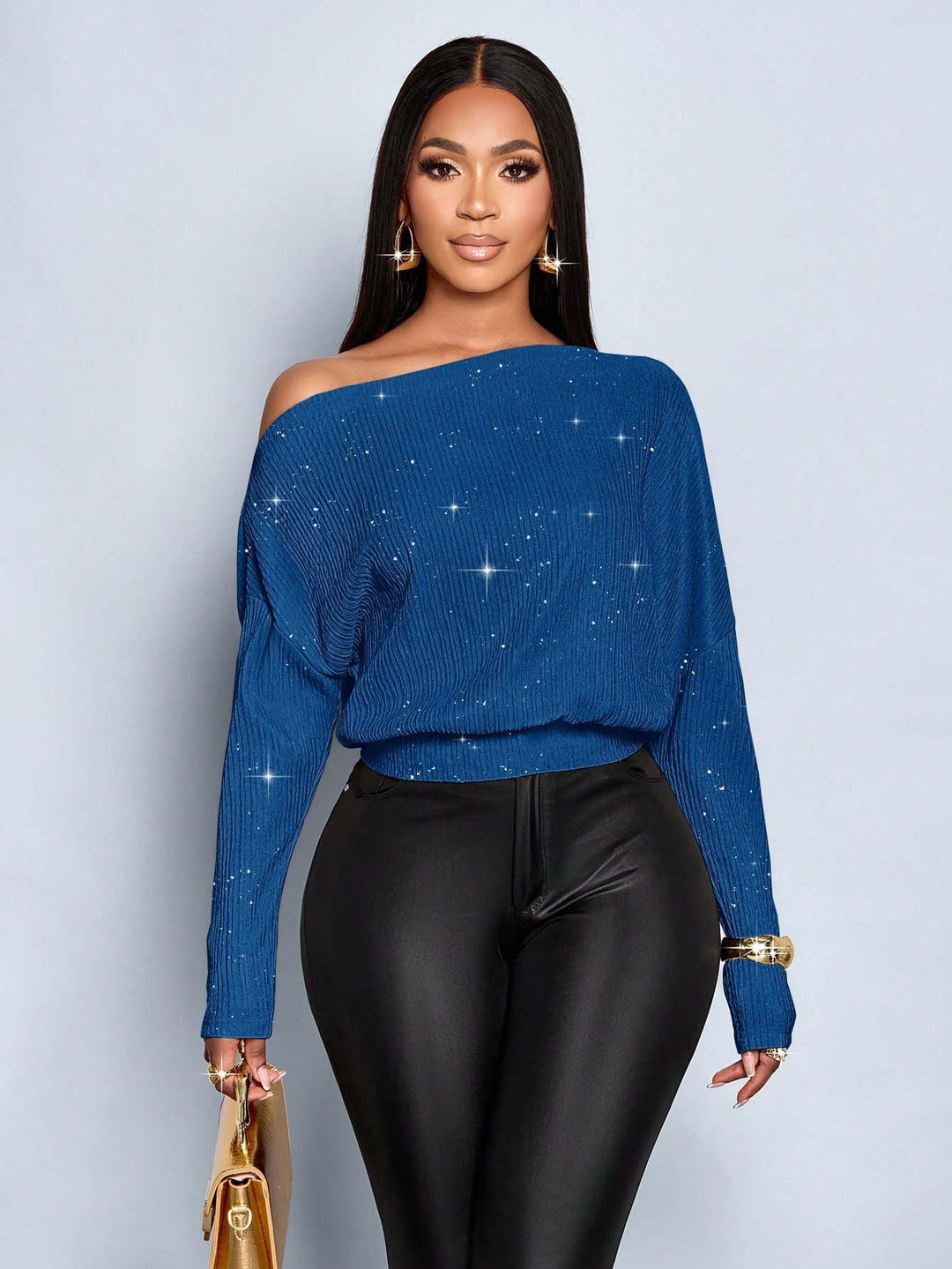 Damen Off-Shoulder Rippstrick-Pullover mit Glitzereffekt und Batwing-Ärmeln Shop Nory