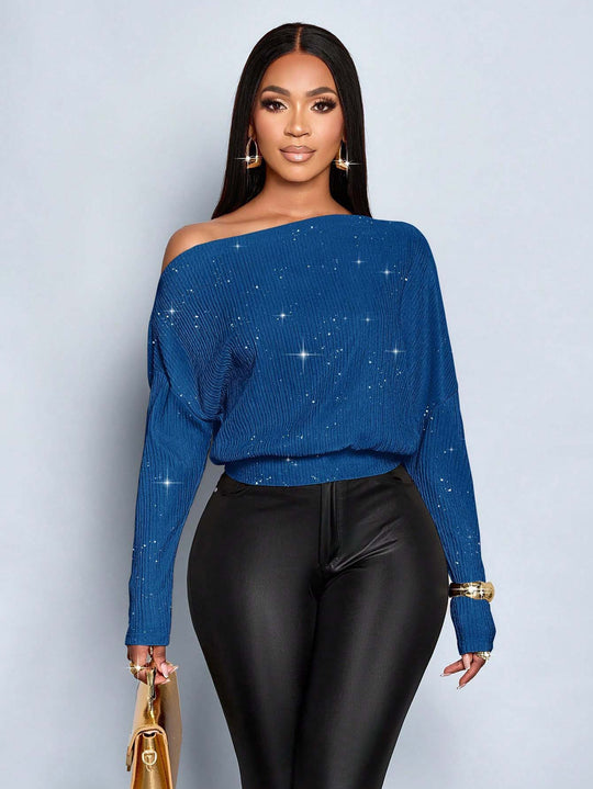 Damen Off-Shoulder Rippstrick-Pullover mit Glitzereffekt und Batwing-Ärmeln Shop Nory