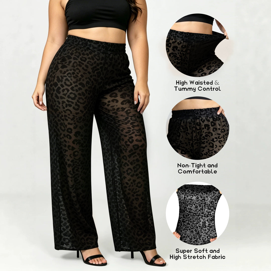 Damen Hochtaillierte weit geschnittene Chiffon-Hose mit Leopardmuster und Bauchkontrolle Shopy Nory