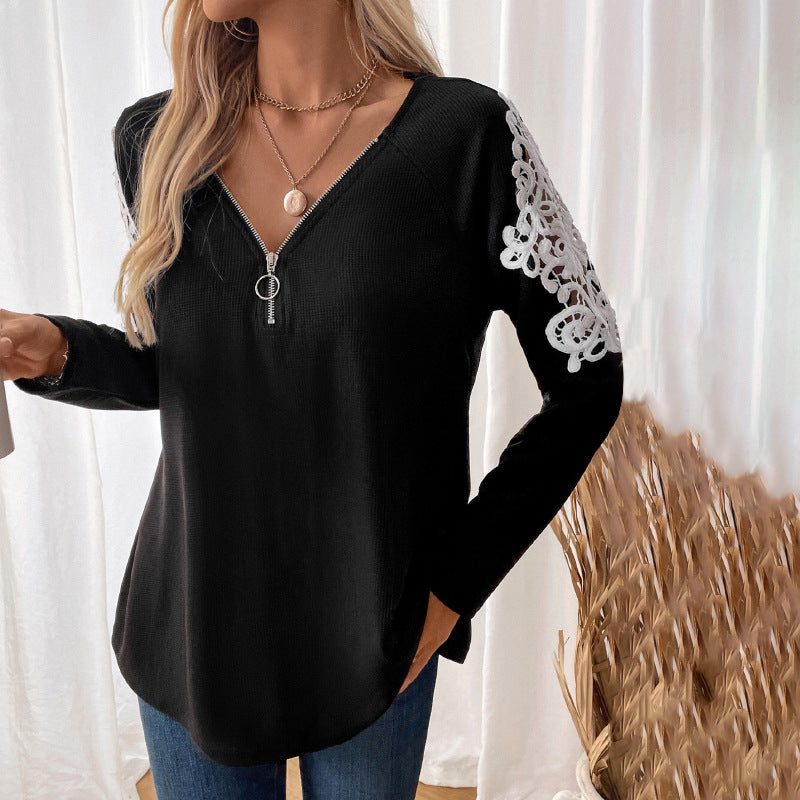 Damen Langarm-Tunika mit V-Ausschnitt, Reißverschluss und Blumen-Spitzenärmel Shop Nory