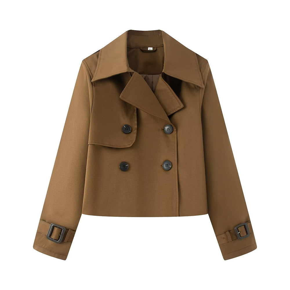 Damen Cropped-Doppeltreiher Trenchcoat mit breitem Revers und verstellbaren Manschetten Shop Nory