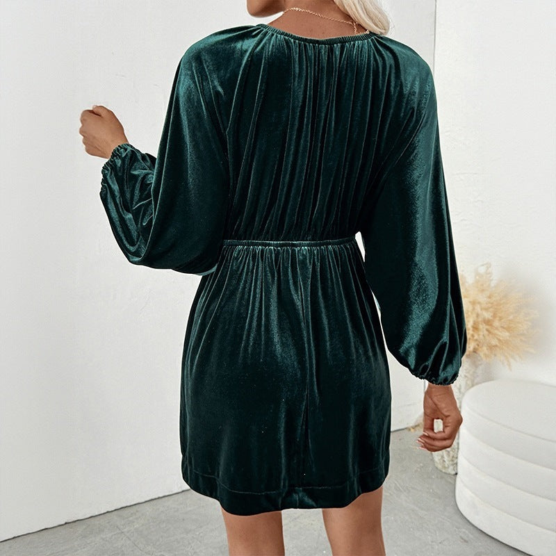 Damen Elegantes Samtkleid mit V-Ausschnitt und Puffärmeln Shop Nory