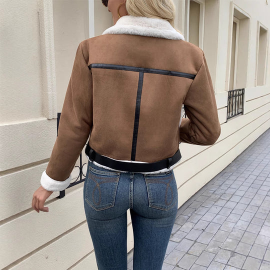 Damen Modische Teddyfelljacke mit Lederdetails