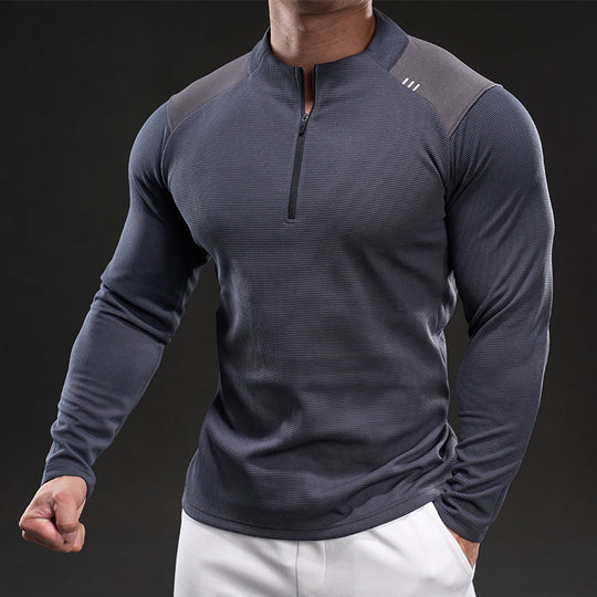 Herren Slim-Fit Sportliches Langarm-Trainingsshirt mit Halb-Reißverschluss und Strukturgewebe Shop Nory