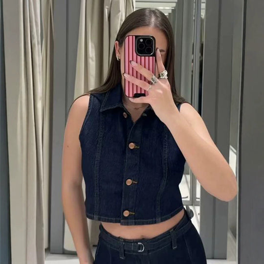 Damen Kurz geschnittene Jeansweste mit taillierter Paneelierung und Metallknopfleiste Shop Nory