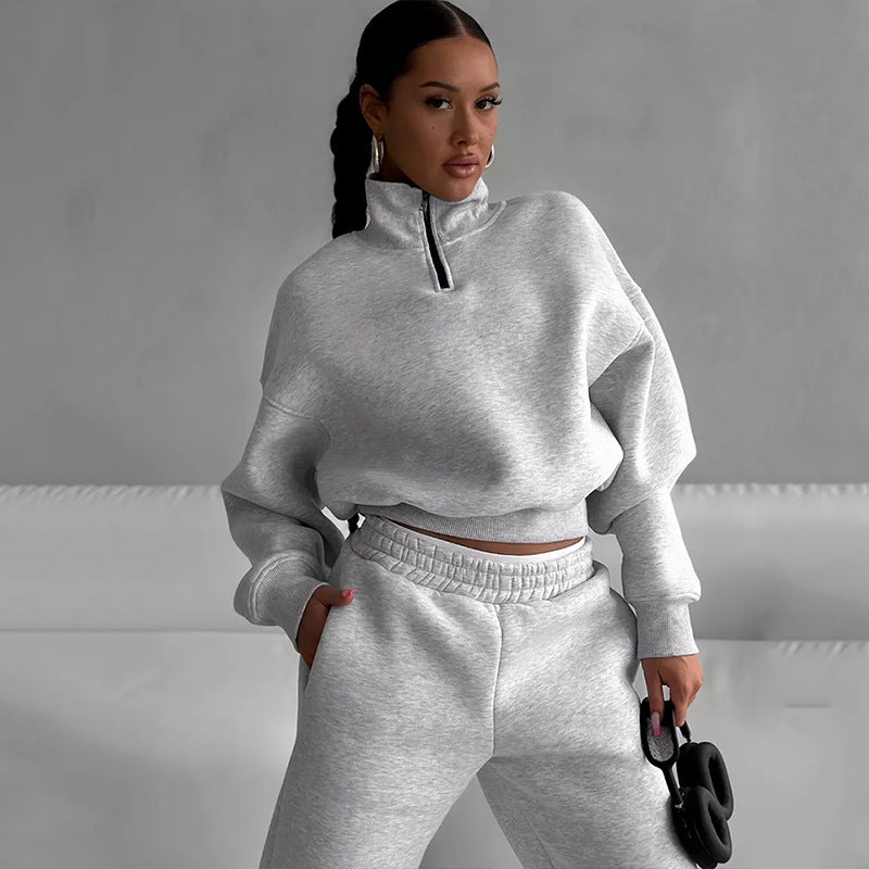 Damen Zweiteiliges Cropped-Halbzip-Sweatset mit Stehkragen und elastischer High-Waist-Jogginghose Shop Nory