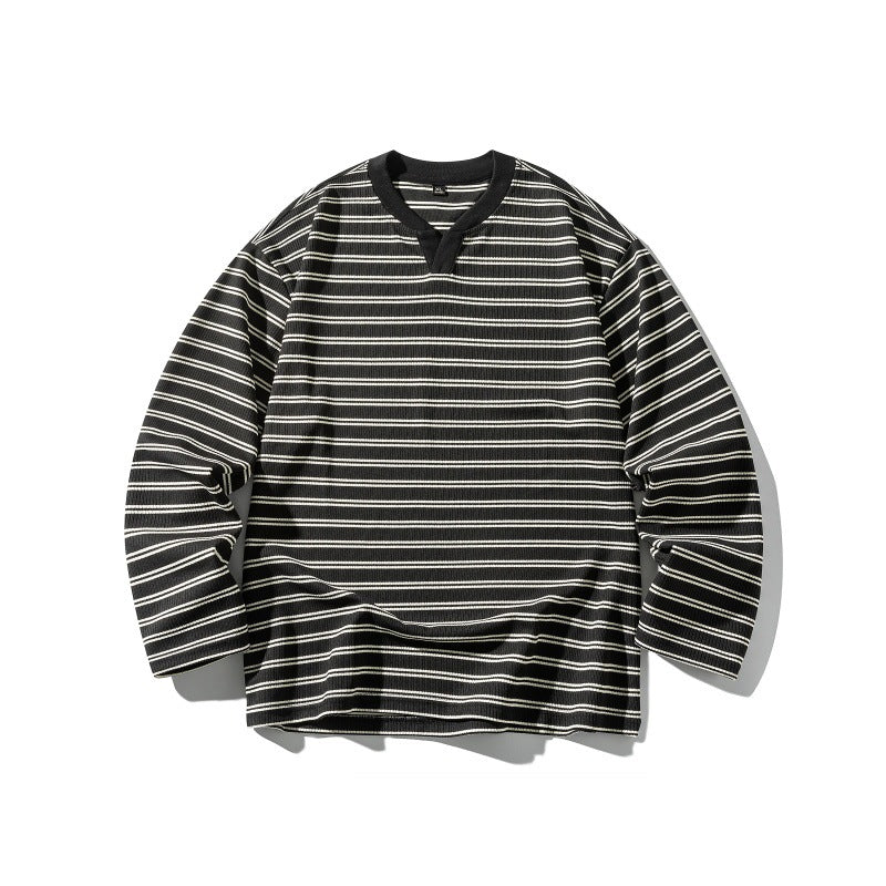 Unisex Gestreiftes Strukturiertes Longsleeve mit Notch-V-Ausschnitt und Rippenstruktur Shop Nory