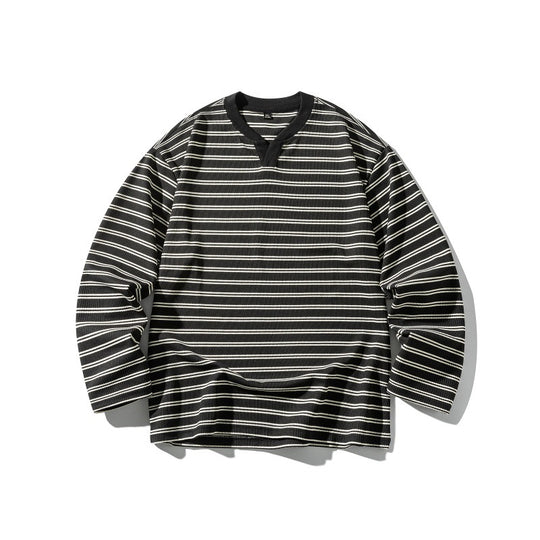 Unisex Gestreiftes Strukturiertes Longsleeve mit Notch-V-Ausschnitt und Rippenstruktur Shop Nory