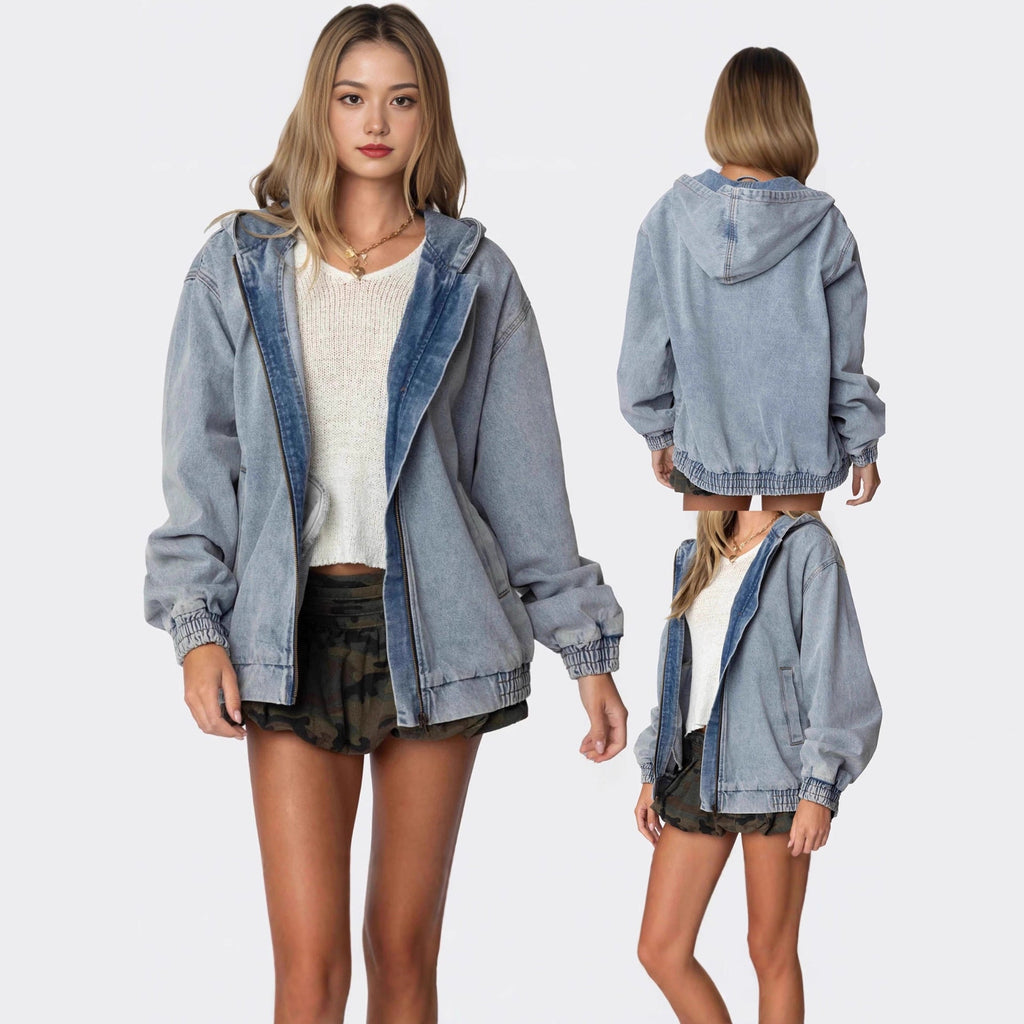 Damen Oversized Denimjacke mit Kapuze und elastischen Bündchen