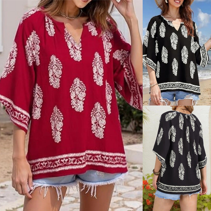 Damen Lockeres Strand-Tunika-Oberteil mit V‑Ausschnitt und Boho‑Print Shop Nory
