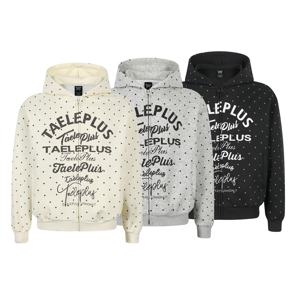 Damen Kapuzen-Sweatjacke mit durchgehendem Reißverschluss, Allover-Pünktchenmuster und mehrfacher Logogestaltung Shop Nory
