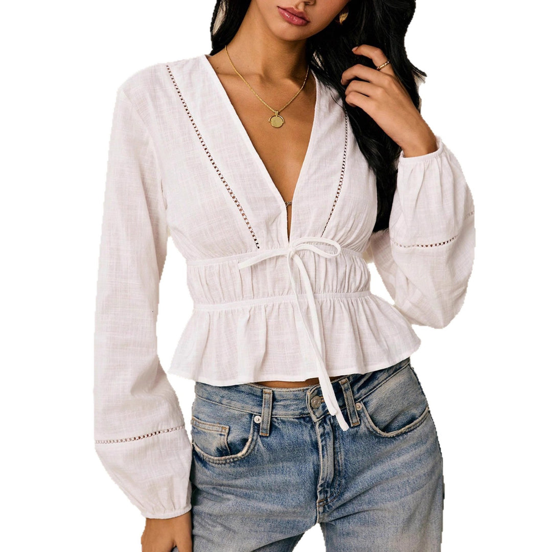 Damen Leichte Baumwoll-Leinen Bluse mit V-Ausschnitt, Tunnelzug und Rüschensaum Shop Nory