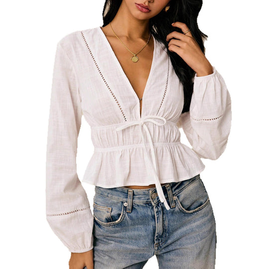 Damen Leichte Baumwoll-Leinen Bluse mit V-Ausschnitt, Tunnelzug und Rüschensaum Shop Nory