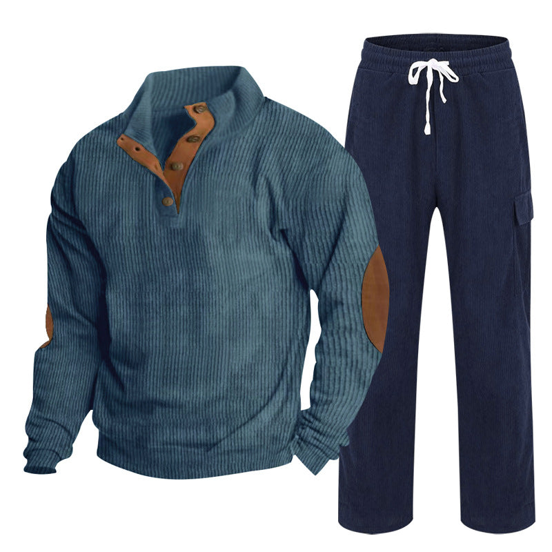 Herren Gemütliches Freizeit-Set aus Waffelstrick-Henley mit Ellenbogenpatch und Relax-Cargo-Hose Shop Nory