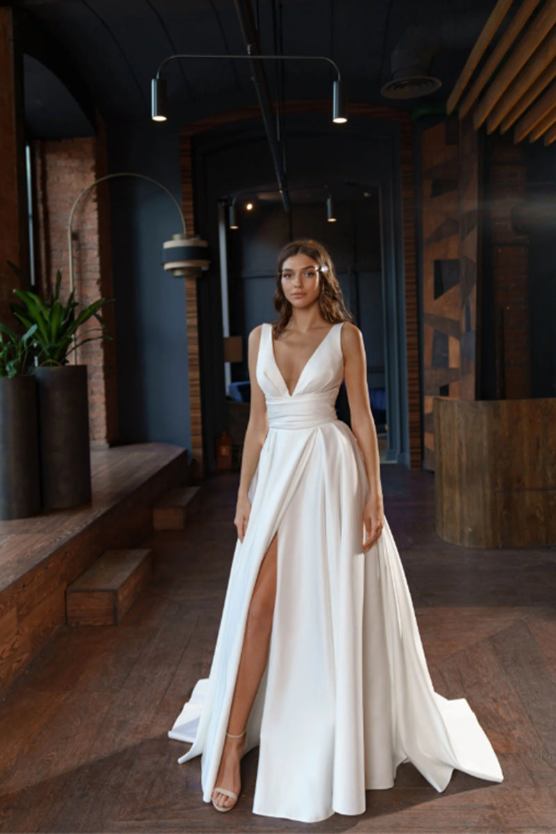 Damen elegantes Hochzeitskleid mit tiefem V-Ausschnitt und seitlichem Schlitz