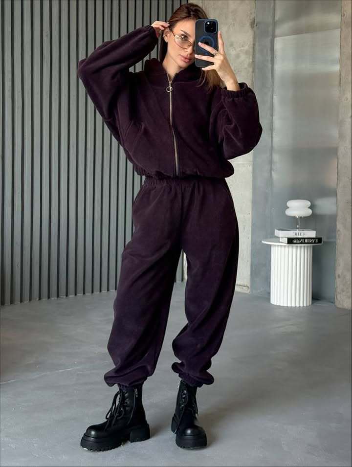 Damen Plüsch-Loungewear-Set mit Reißverschluss-Kapuzenjacke und taillenhoher Jogginghose Shop Nory