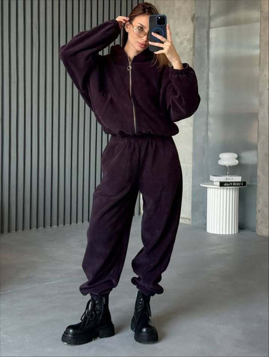 Damen Plüsch-Loungewear-Set mit Reißverschluss-Kapuzenjacke und taillenhoher Jogginghose Shop Nory